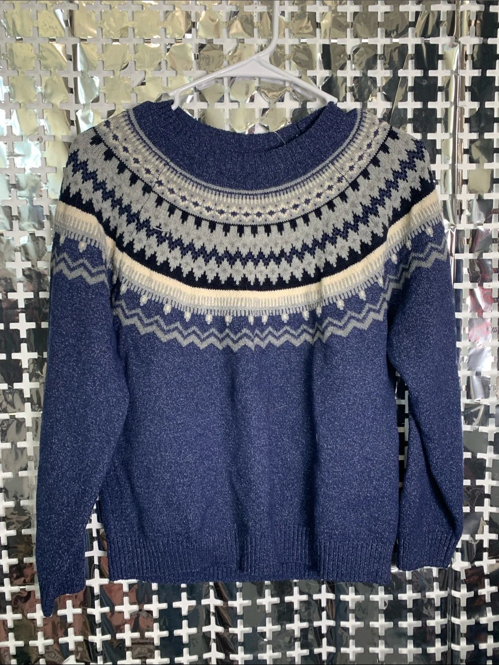 Weatherproof Blue Fair Isle Crewneck Sweater with Cream & Navy Yoke